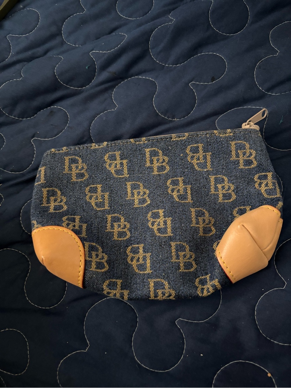 Dooney & Bourke Denim Logo Zip Pouch with Tan Leather Accents